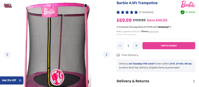 Screenshot showing Barbie 4.5ft Trampoline for £69.99 at Bargain Max