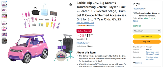 Screenshot showing Barbie Big City, Big Dreams Transforming Vehicle Playset for £17.99 at Amazon