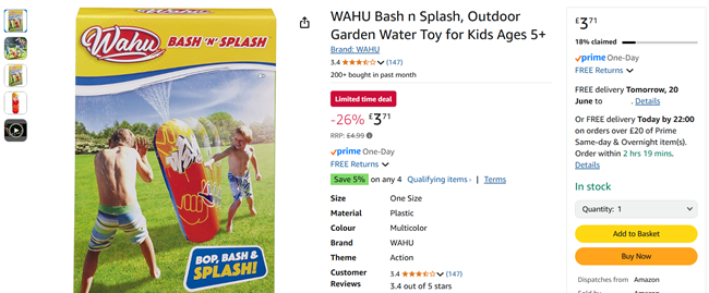Screenshot showing Wahu Bash N Splash Garden Water Toy for £3.71 at Amazon