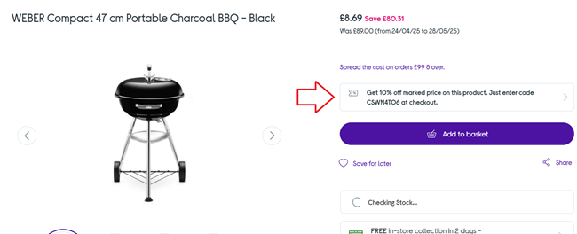 Screenshot showing Weber Compact 47 cm Portable Charcoal BBQ at Currys