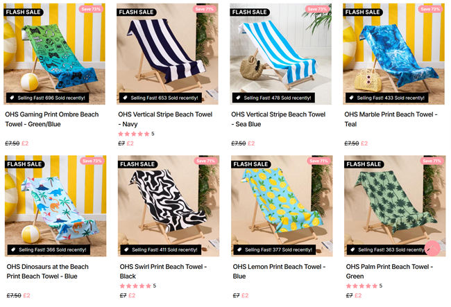 Screenshot showing Flash Sale on Beach Towels at Online Home Shop