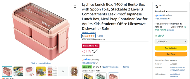 Screenshot showing Lychico 1400ml Bento Box with Spoon & Fork for £5.70 at Amazon