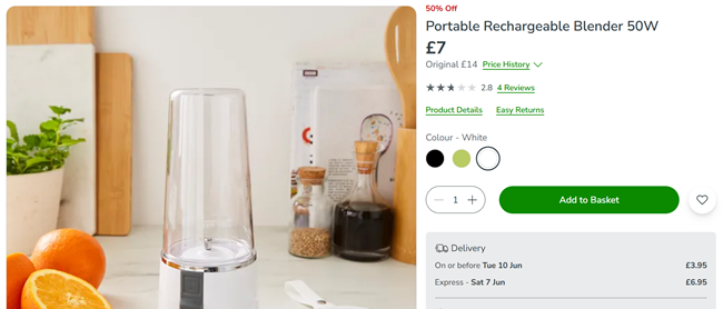 Screenshot showing Portable Rechargeable Blender 50W for £7 at Dunelm