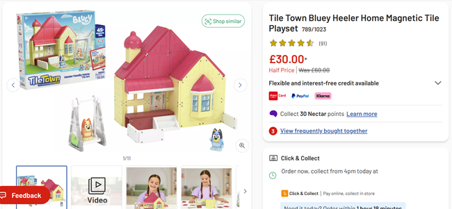 Screenshot showing Tile Town Bluey Heeler Home Magnetic Tile Playset for £30 at Argos