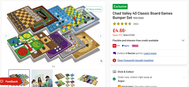 Screenshot showing Chad Valley 40 Classic Board Games Bumper Set for £4.66 at Argos