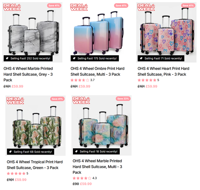 Screenshot showing Deal Of The Week: 4 Wheel Hard Shell Suitcase 3 Pack for £59.99 at Online Home Shop