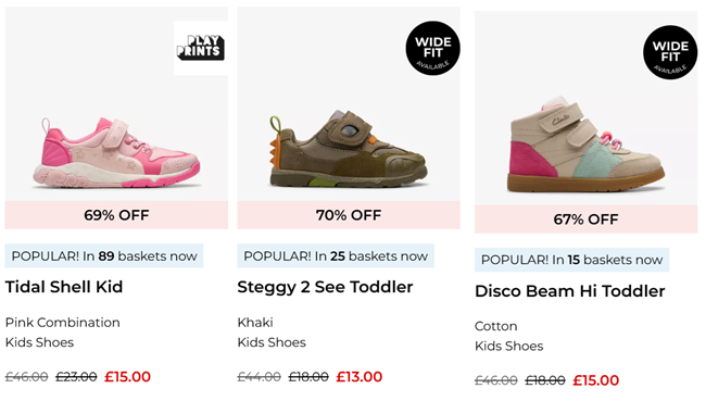 Screenshot showing kids sale shoes at Clarks