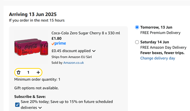 Screenshot showing Coca-Cola Zero Sugar Cherry 8 x 330 ml for £1.80 at Amazon