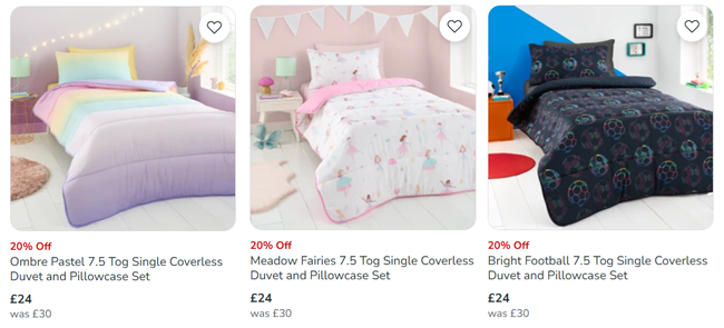 Screenshot showing 7.5 Tog Single Coverless Duvet and Pillowcase Sets now £24 each at Dunelm