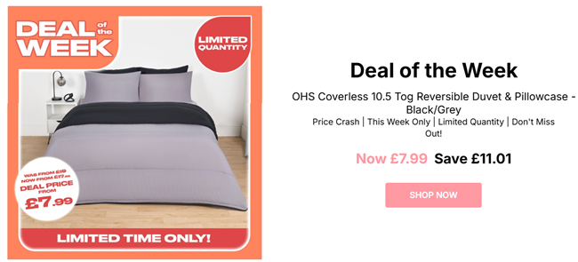 Screenshot showing OHS Coverless 10.5 Tog Reversible Duvet & Pillowcase Black/Grey from £7.99 at Online Home Shop