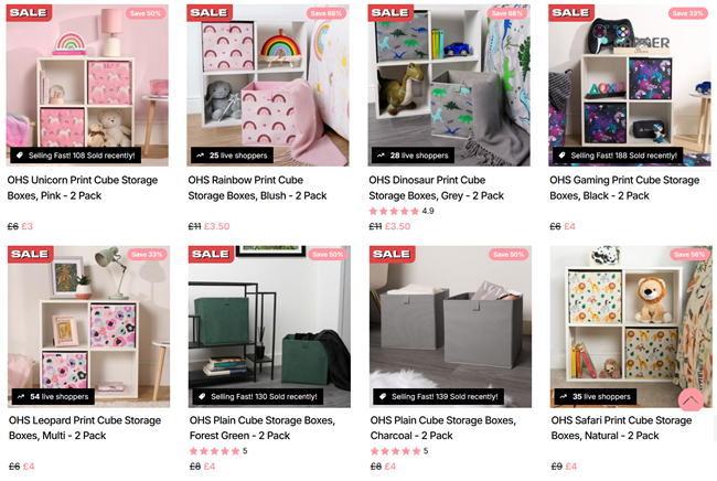 Screenshot showing Cube Storage Boxes 2 Pack set at Online Home Shop