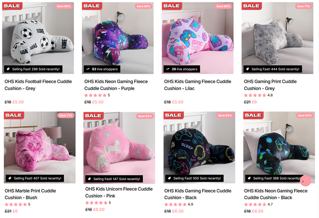 Screenshot showing reduced Cuddle Cushions at Online Home Shop
