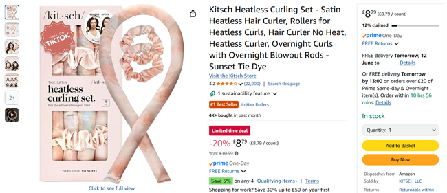 Screenshot showing Kitsch Satin Heatless Curling Set for £8.79 at Amazon seller KITSCH LLC
