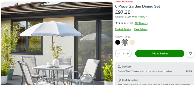 Screenshot showing 6 Piece Garden Dining Set Grey for £97.30 at Dunelm