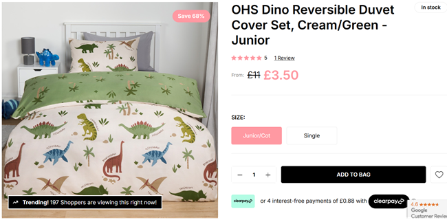 Screenshot showing Dino Reversible Duvet Cover Set from £3.50 at Online Home Shop
