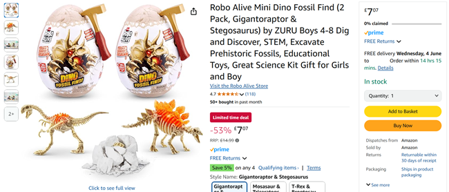 Screenshot showing Robo Alive Mini Dino Fossil Find (2 Pack, Gigantoraptor & Stegosaurus) for £7.07 at Amazon