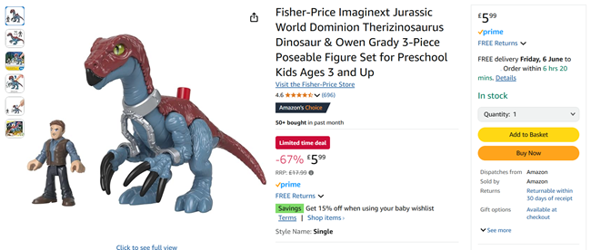 Screenshot showing Fisher-Price Imaginext Jurassic World Dominion Therizinosaurus Dinosaur & Owen Grady 3-Piece Poseable Figure Set for £5.99 at Amazon