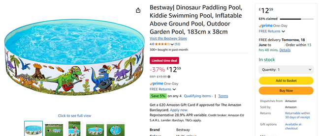 Screenshot showing Bestway Dinosaur 6ft Paddling Pool for £12.59 at Amazon