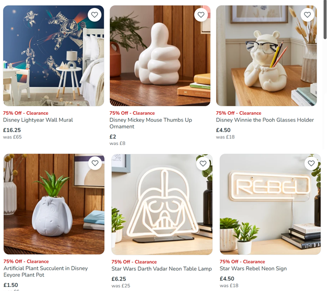 Screenshot showing Up To 75% Off Disney Sale at Dunelm