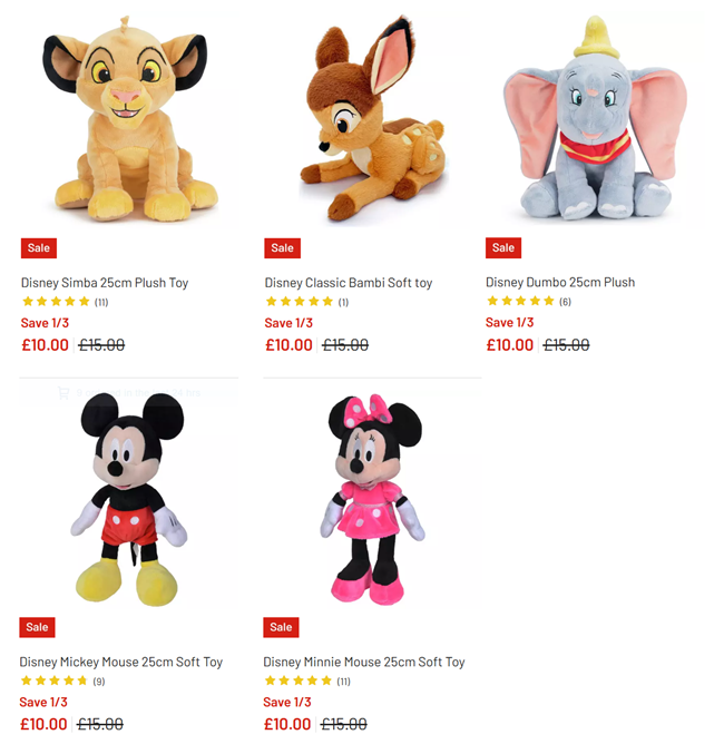 Screenshot showing selected Disney 25cm Plush Toys for £10 each at Argos