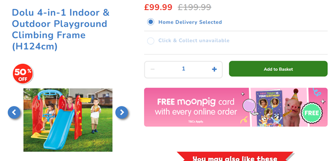 Screenshot showing Dolu 4-in-1 Indoor & Outdoor Playground Climbing Frame for £99.99 at The Entertainer