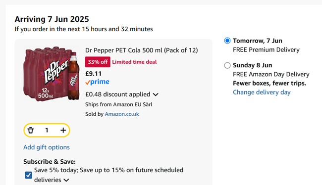 Screenshot showing Dr Pepper 500ml Bottles Pack of 12 for £9.11 at Amazon