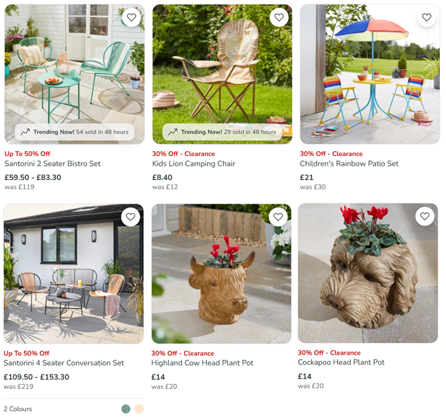 Screenshot showing Garden Clearance at Dunelm