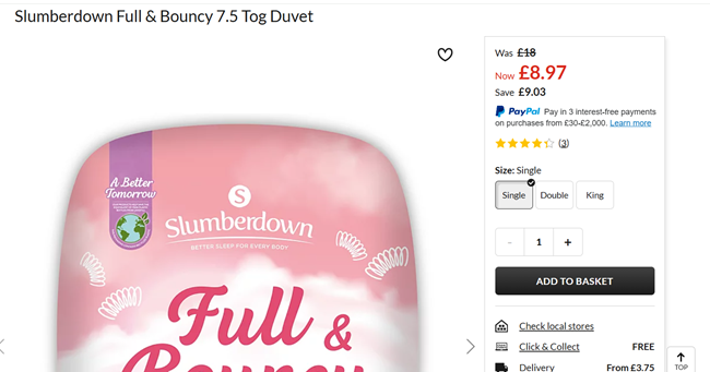 Screenshot showing Slumberdown Full & Bouncy 7.5 Tog Duvet for £8.97 at Asda George