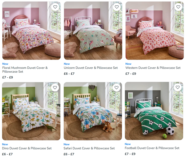 Screenshot showing Kids Duvet Cover Special Buys from £6 at Dunelm