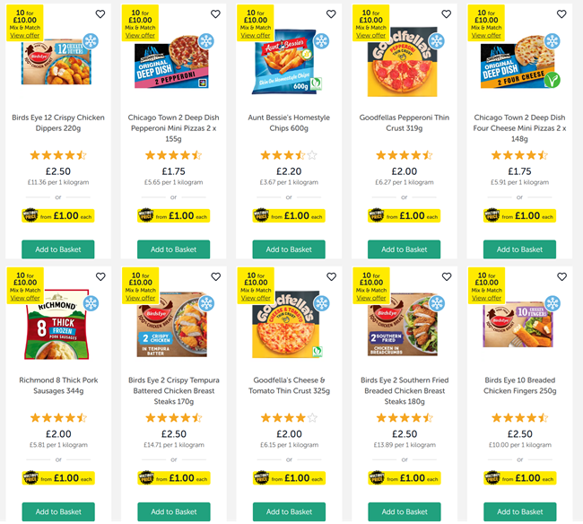 Screenshot showing 10 for £10 'Easy Teas' Selected Frozen Food Offer at Iceland