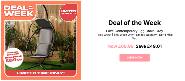 Screenshot showing Luxe Contemporary Egg Chair for £69.99 at Online Home Shop