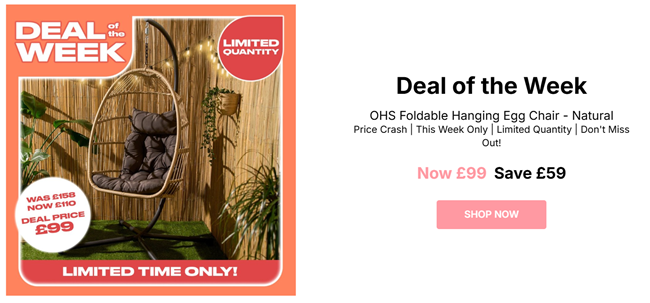 Screenshot showing Deal of the Week: OHS Foldable Hanging Egg Chair Natural for £99 at Online Home Shop