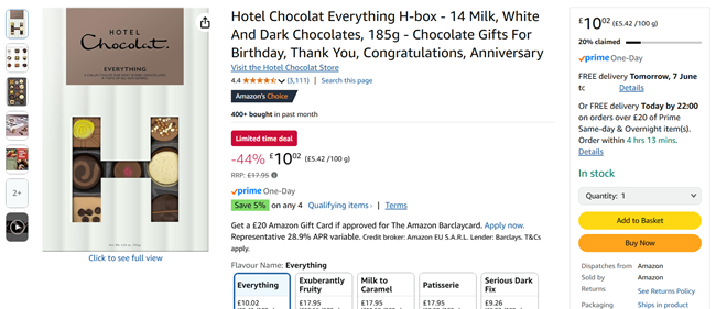 Screenshot showing Hotel Chocolat Everything H-box for £10.02 at Amazon
