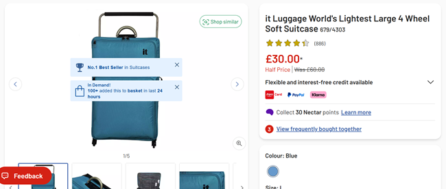 Screenshot showing IT Luggage World's Lightest Large 4 Wheel Soft Suitcase for £30 at Argos