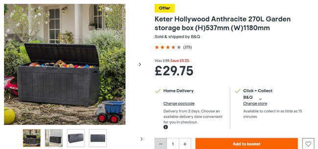 Screenshot showing Keter Hollywood Anthracite Garden Storage Box 270L for £29.75 at B&Q