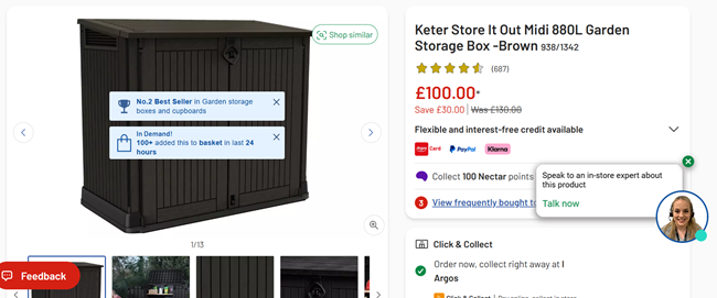 Screenshot showing Keter Store It Out Midi 880L Garden Storage Box for £100 at Argos