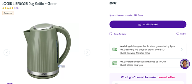 Screenshot showing Logik Jug Kettle Green for £8.97 at Currys