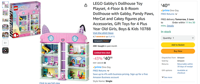 Screenshot showing LEGO Gabby's Dollhouse 10788 for £40 at Amazon