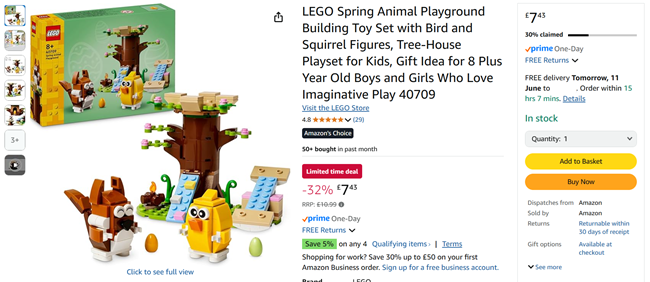 Screenshot showing LEGO Spring Animal Playground Set for £7.43 at Amazon