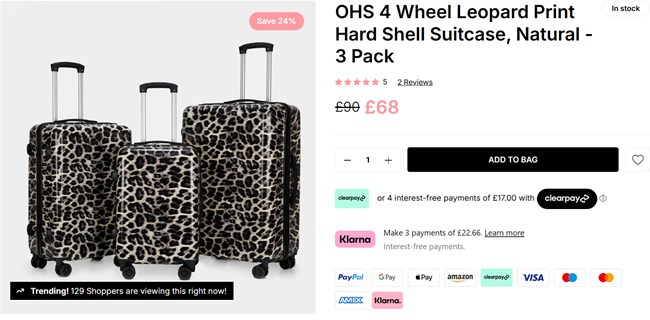 Screenshot showing OHS 4 Wheel Leopard Print Hard Shell Suitcase 3 Pack for £68 at Online Home Shop