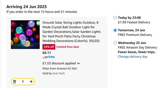 Screenshot showing 8 Mode Crystal Ball Outdoor 30 LED Solar Lights for £6.11 at Amazon / Iorio Tech