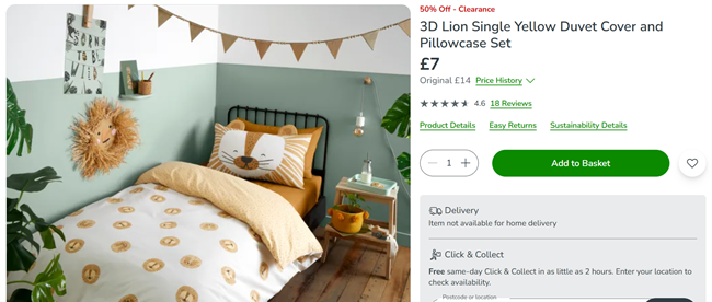 Screenshot showing 3D Lion Single Yellow Duvet Cover and Pillowcase Set for £7 at Dunelm