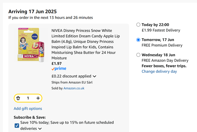 Screenshot showing Nivea Disney Princess Limited Edition Lip Balm for £1.97 at Amazon