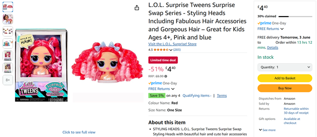 Screenshot showing L.O.L. Surprise Tweens Surprise Swap Styling Head for £4.40 at Amazon