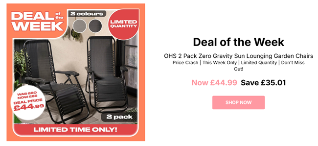 Screenshot showing OHS 2 Pack Zero Gravity Sun Lounging Garden Chairs for £44.99 at Online Home Shop