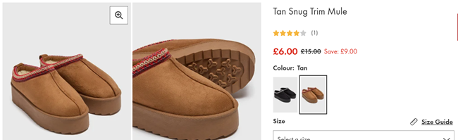 Screenshot showing Tan Snug Trim Mule for £6 at Matalan