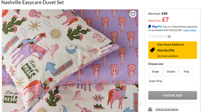 Screenshot showing Nashville Easycare Duvet Set now from £7 at Asda George