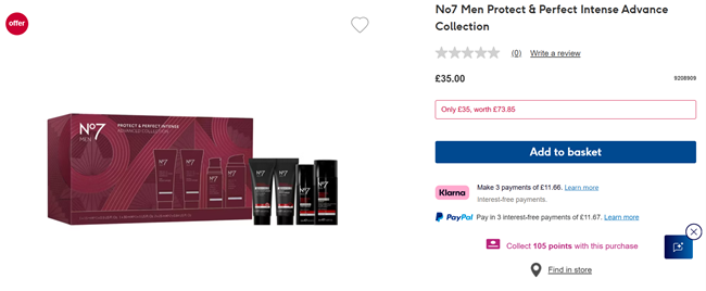 Screenshot showing No7 Men Protect & Perfect Intense Advance Collection for £35 at Boots 