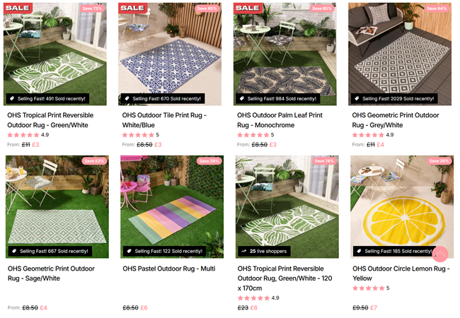 Screenshot showing Outdoor Rugs from £3 at Online Home Shop