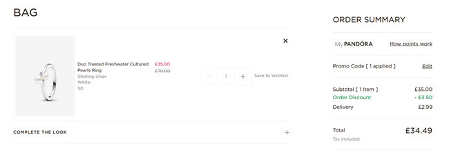 Screenshot showing extra 10% off sale for members at Pandora